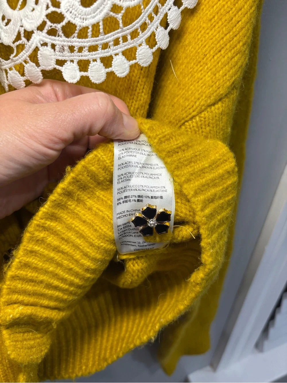 RARE Anthropologie Maeve Mustard Yellow Lace Collar Cardigan Sweater Size M
